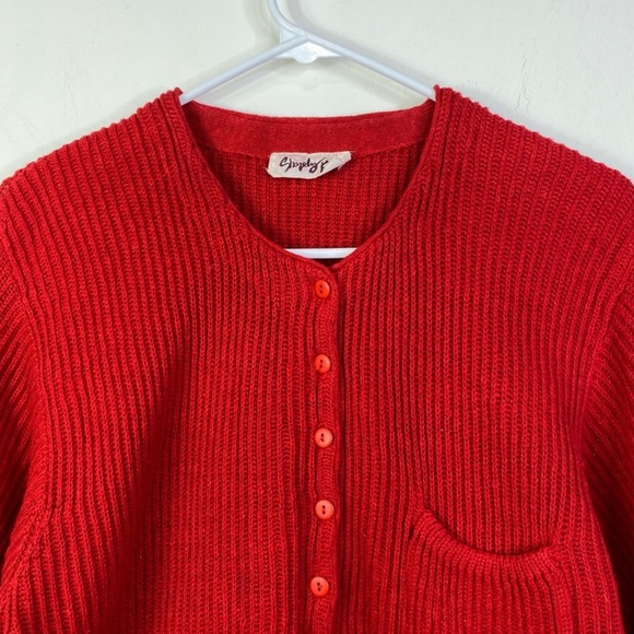 Vintage 70s Ribbed Knit Fitted Sweater 3/4 Sleeves Cherry Red Pocket M - Picture 6 of 12